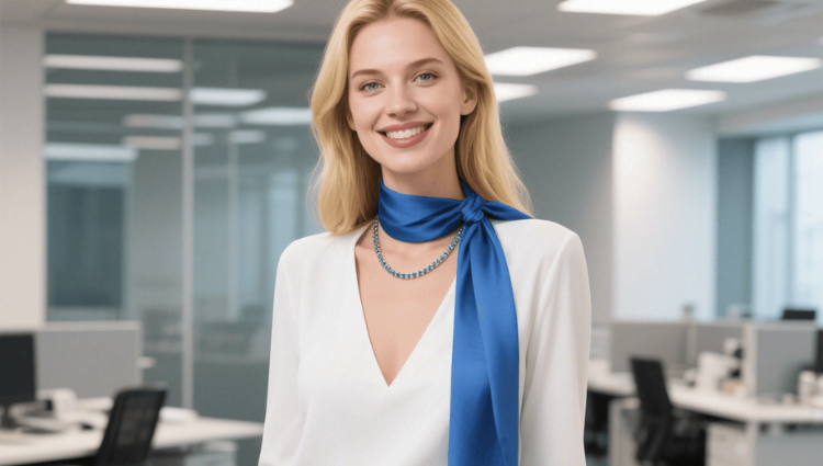 A professional woman wears a silk scarf tied in a necklace-style