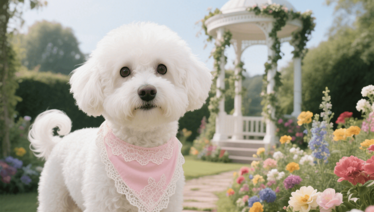 A small white dog is wearing a customized lace-edged bandana