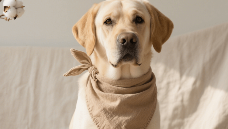 A dog wearing a brown cotton bandana